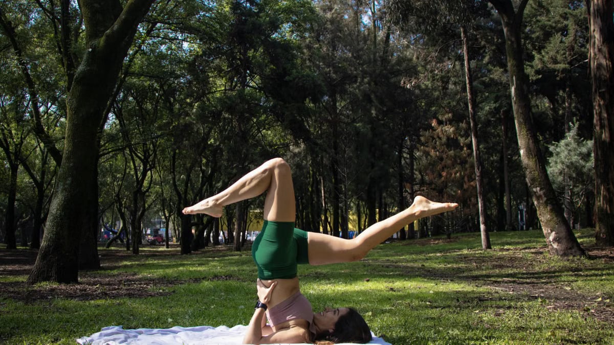 Yoga practitioner performs a headstand pose in a lush park in Ciudad de México.